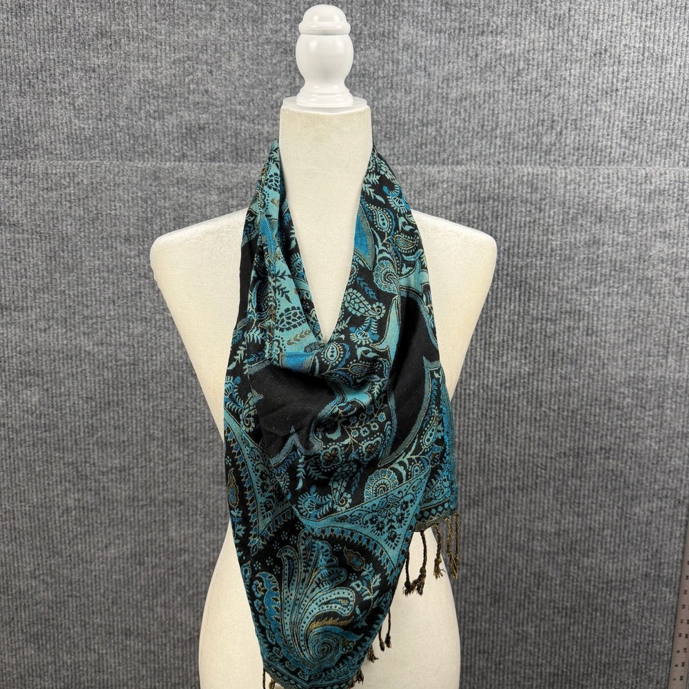 The Poshmina Scarf Womens Teal Gold Paisley Fringe Shawl Wrap Boho USA Made